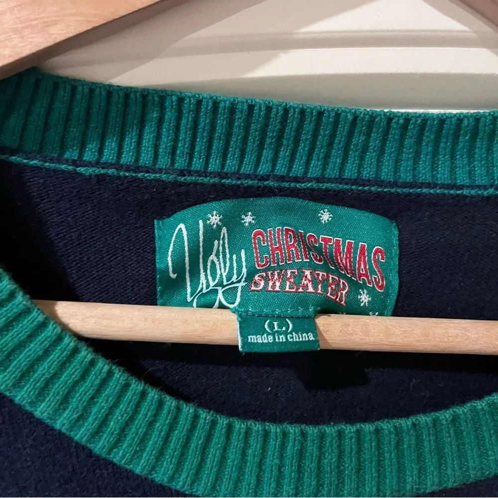 Ugly Christmas Sweater Santa Golfing Crewneck - Navy, Red, and Green Large